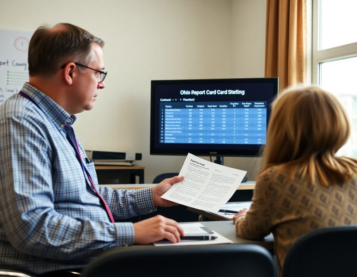 Ohio district administrator reviewing board newsletter content with Ohio Report Card data displayed on screen