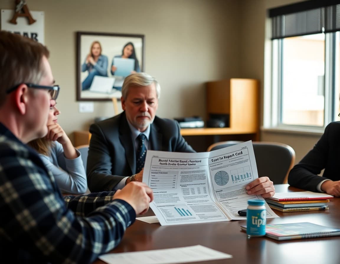 Oregon district administrator reviewing board newsletter content with Oregon report card data at a conference table
