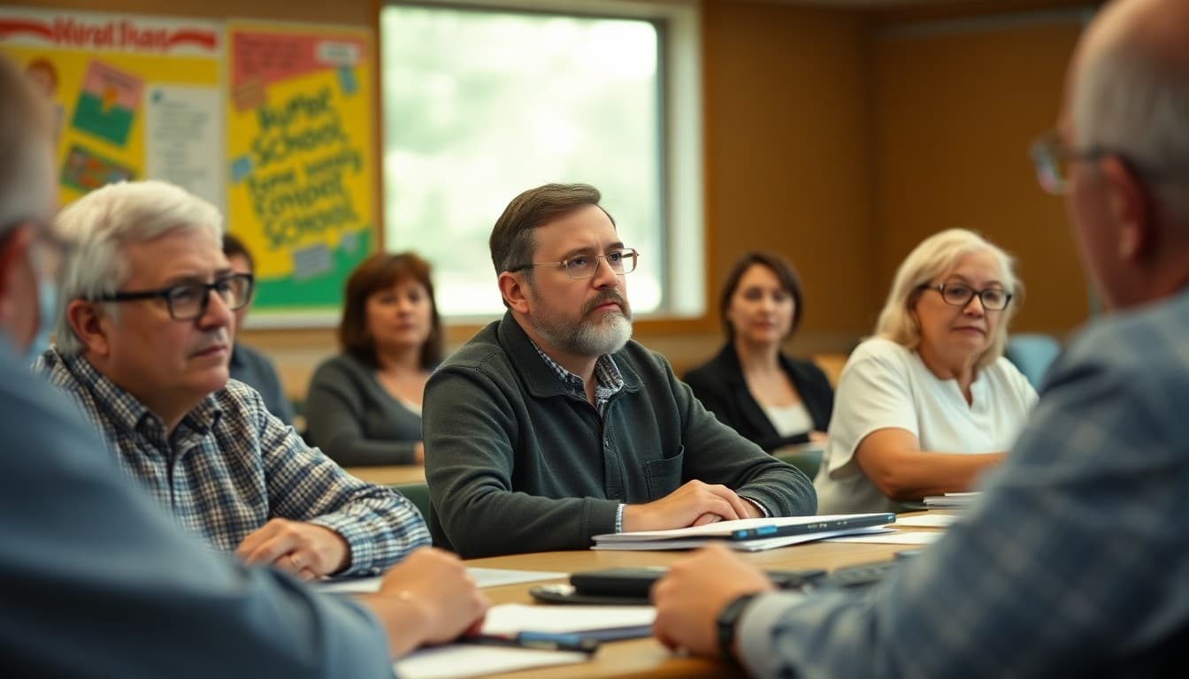 Oregon school board members at a public governance meeting with community members and school staff present