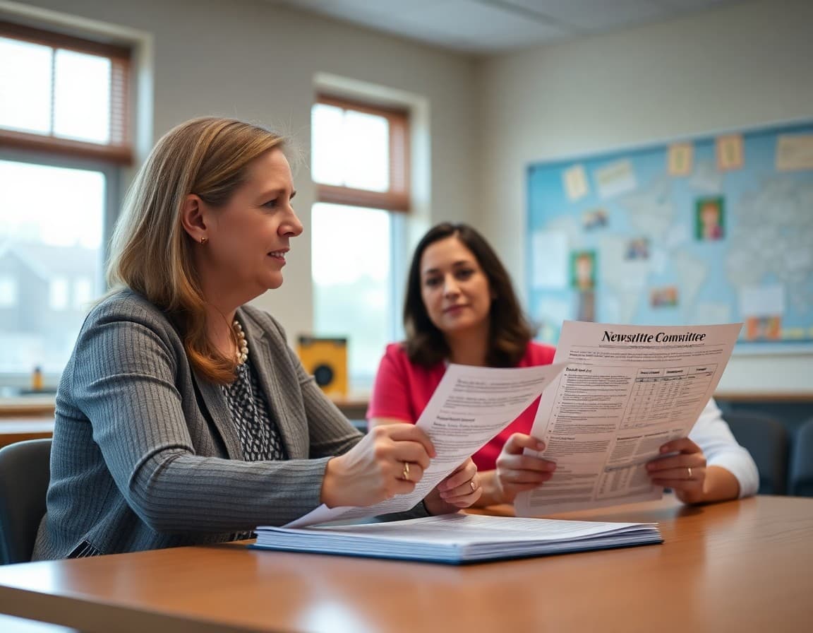 Rhode Island district administrator reviewing school committee newsletter content with RICAS data at a conference table