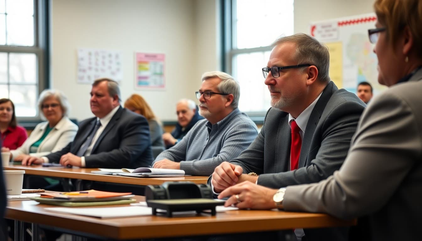 Rhode Island school committee members at a public governance meeting with community members present