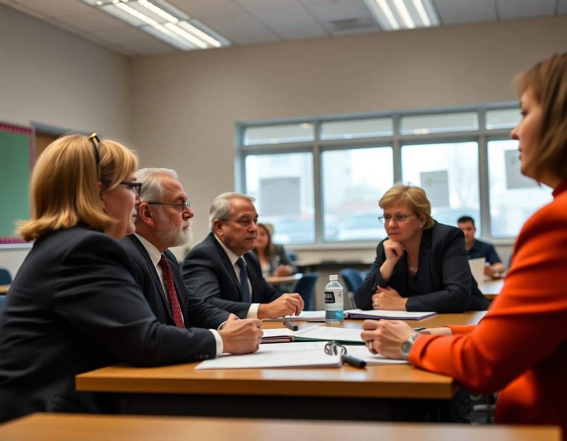 School board members reviewing new education regulations at governance training