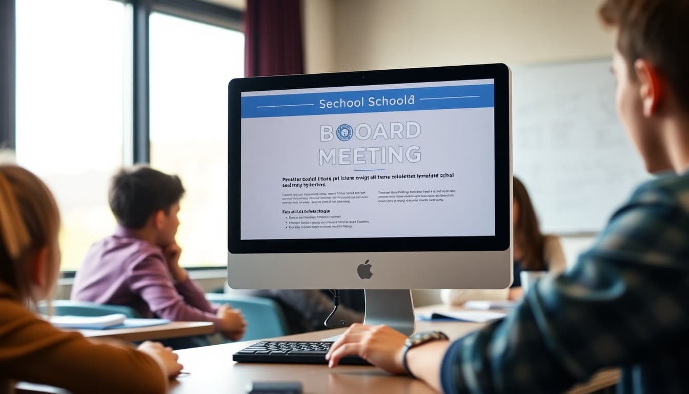 School board meeting announcement newsletter template displayed on computer screen