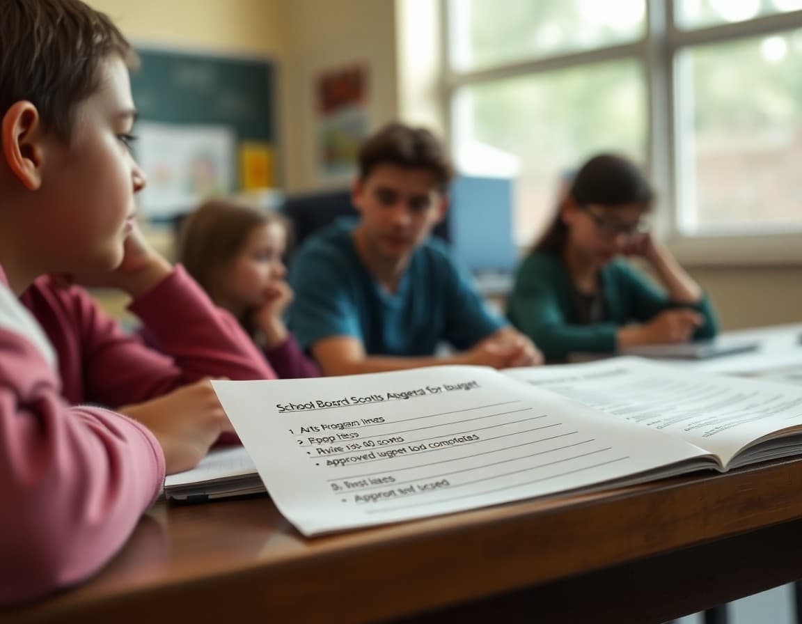 A school board agenda showing arts program budget line items approved