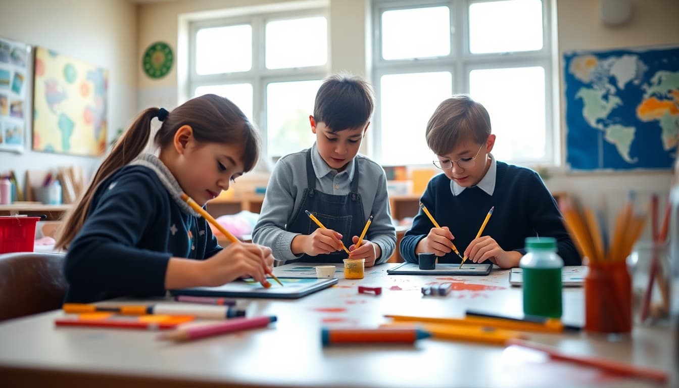 Students painting and creating art in a bright school art room