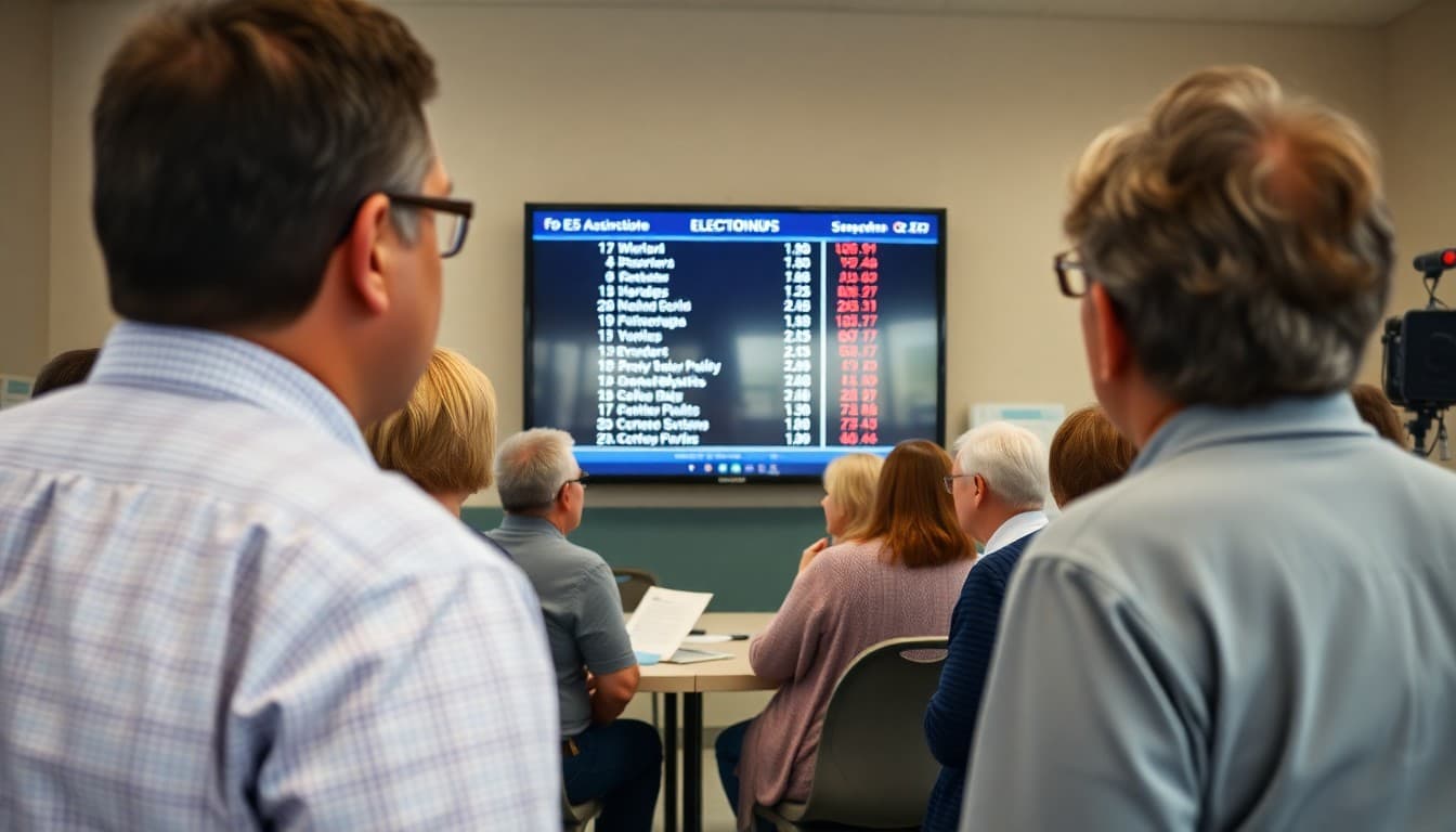 School board members and community members viewing election results on a screen at a district event center