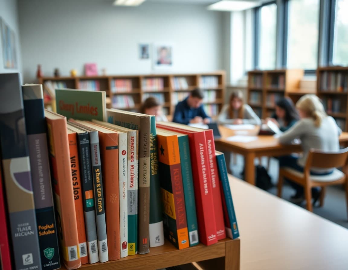 Diverse collection of student books on a library shelf with a review committee meeting in the background