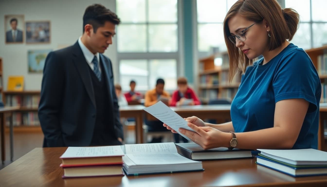 School librarian reviewing a book challenge reconsideration form at a library desk