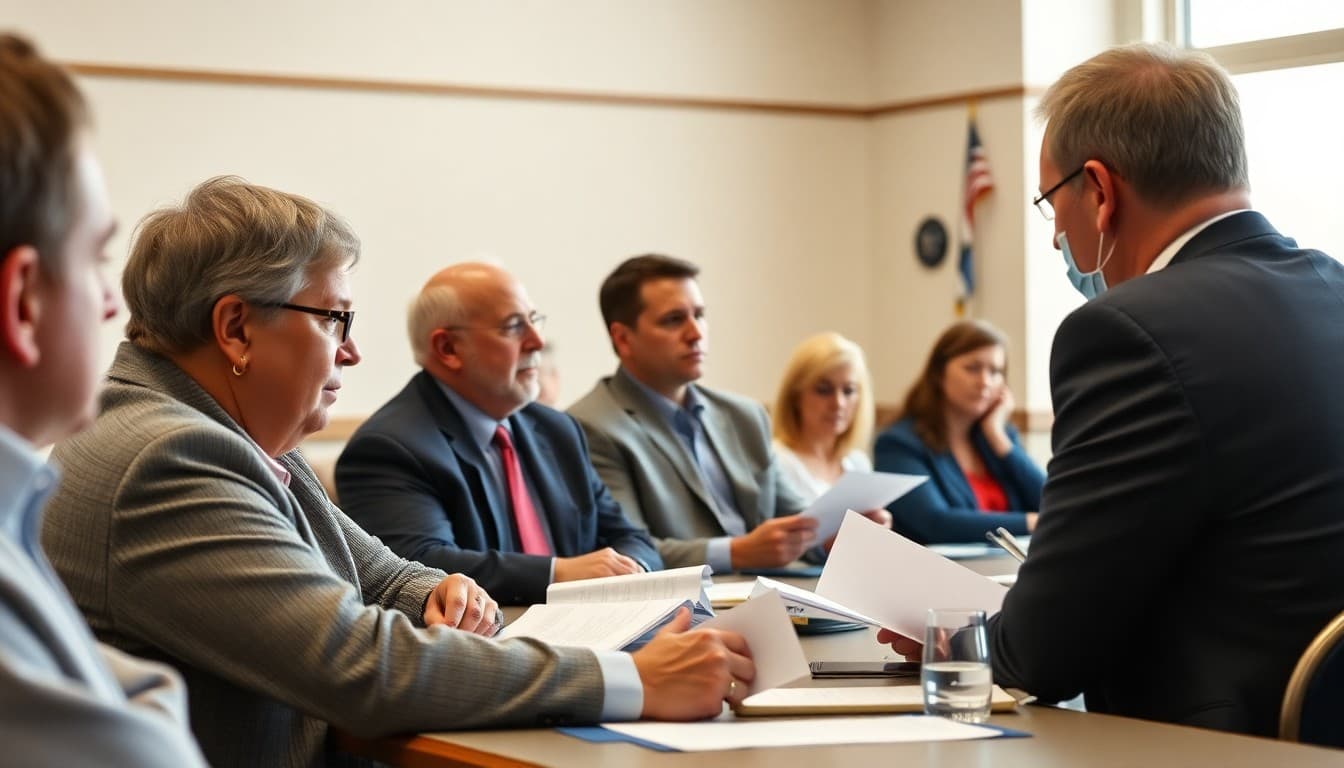 School board members voting on the annual budget adoption at a formal public board meeting