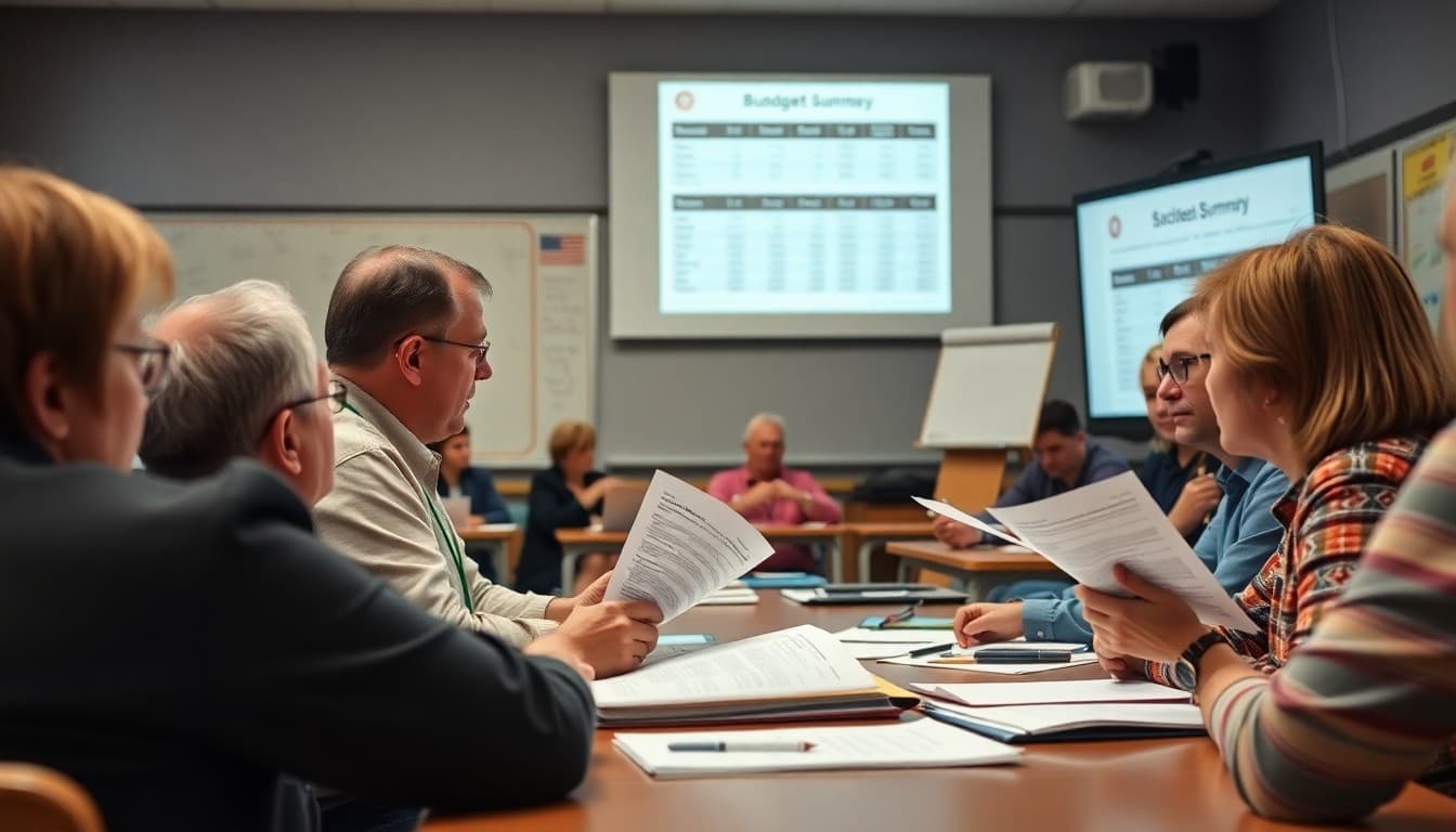 School board members reviewing budget documents at a public meeting with a projected budget summary on screen