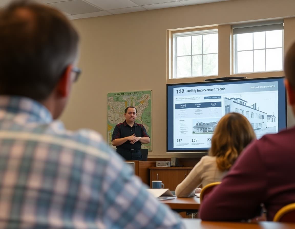 School board member presenting facility improvement plans on a screen during a community meeting