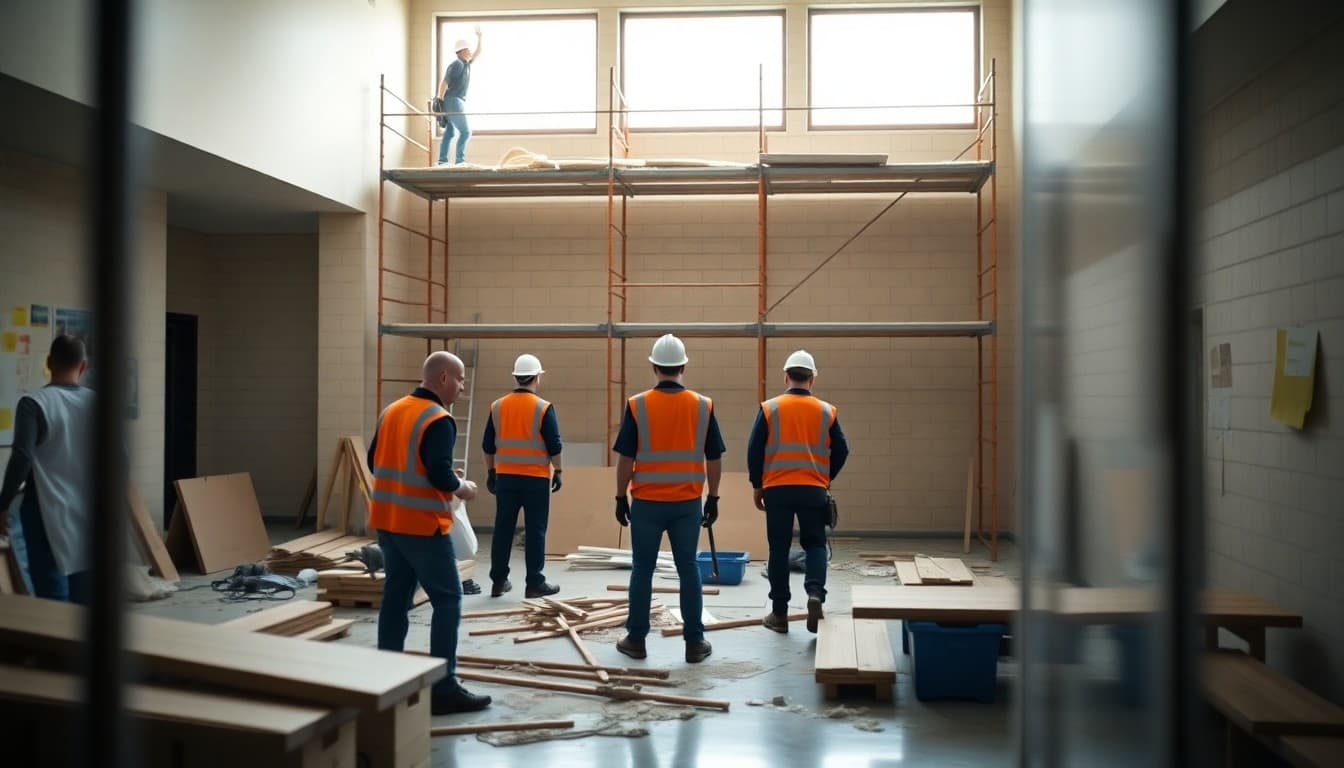 Construction crew working on a new school building addition with scaffolding and building materials visible