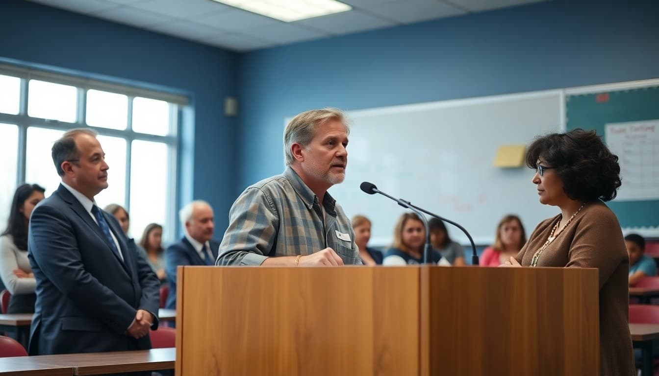 Community member speaking at a school board meeting podium with board members listening attentively