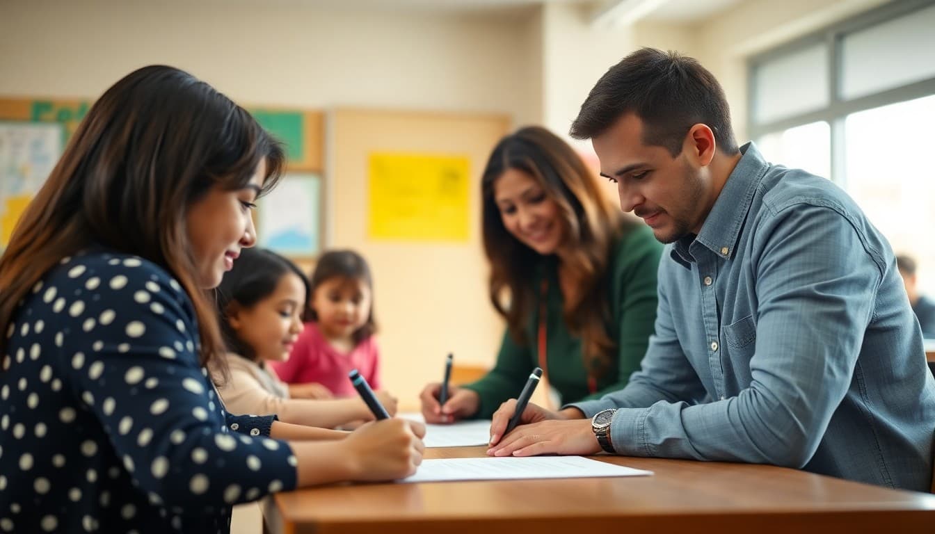 Families, teachers, and school board members signing a community compact together at a public school partnership event
