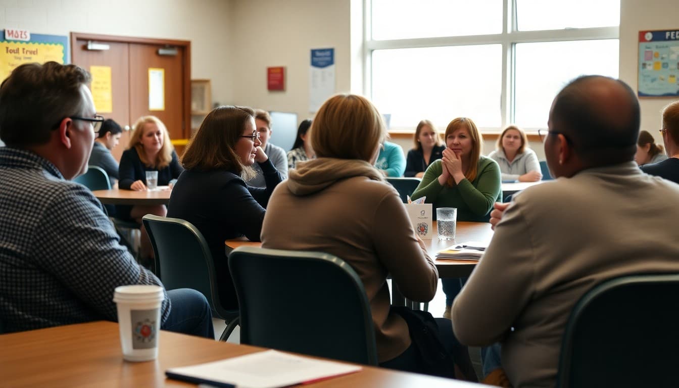 Community members participating in small group discussions at a school district community forum event