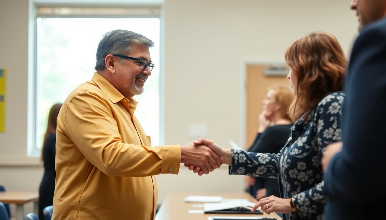 Newly elected school board member shaking hands with outgoing member at a swearing-in ceremony