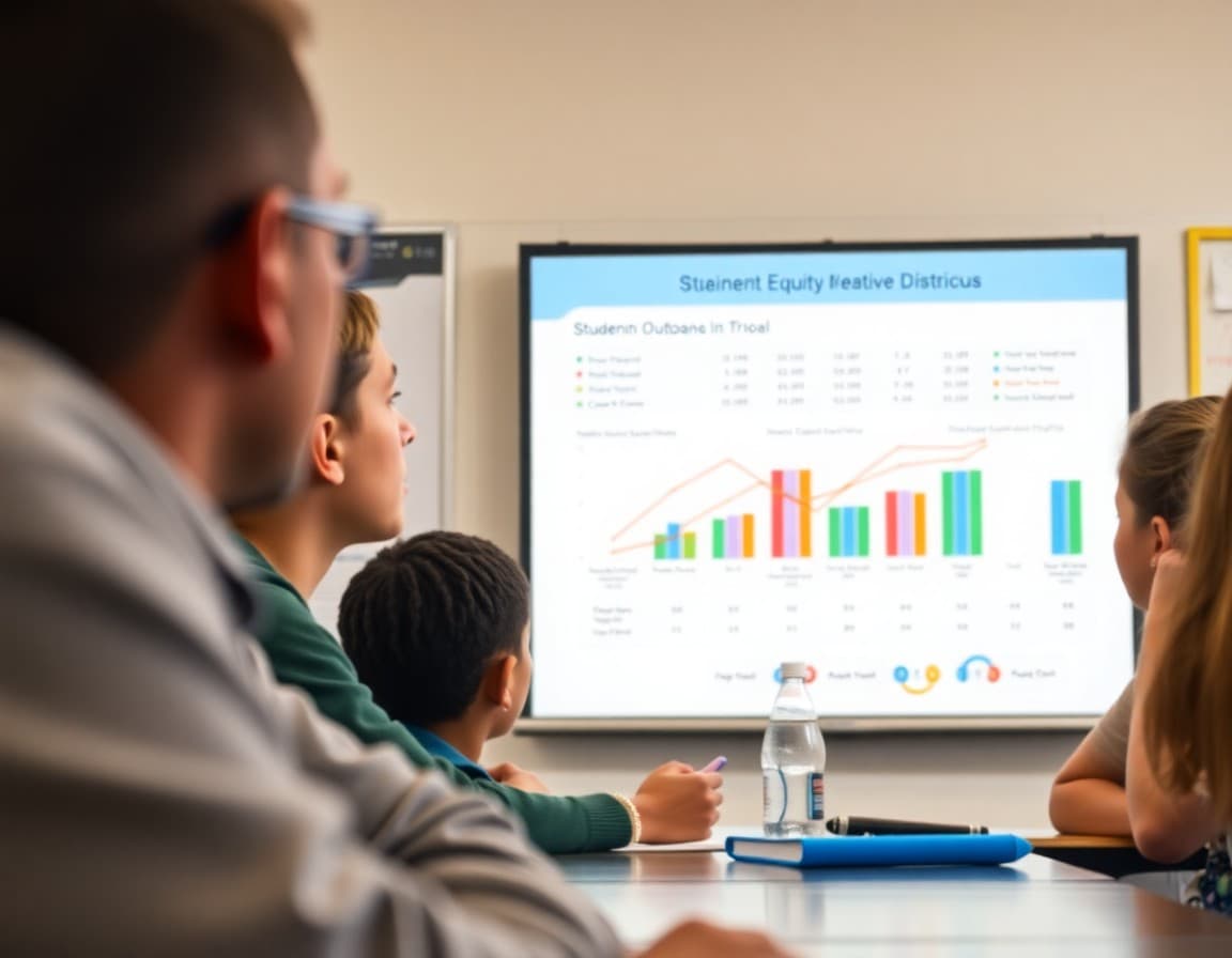 Data dashboard showing student outcome metrics by demographic group displayed at a district equity review session
