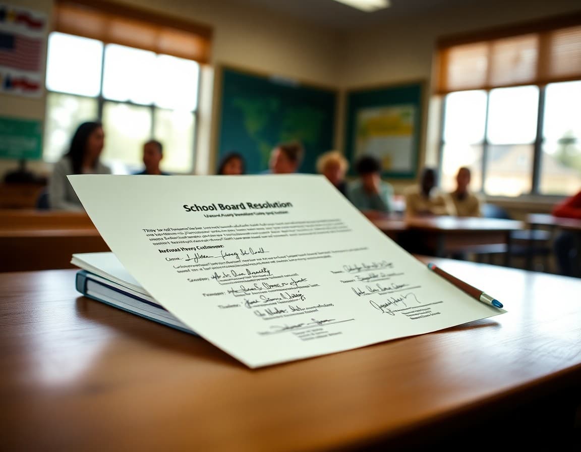 A school board equity resolution document with signatures on a desk