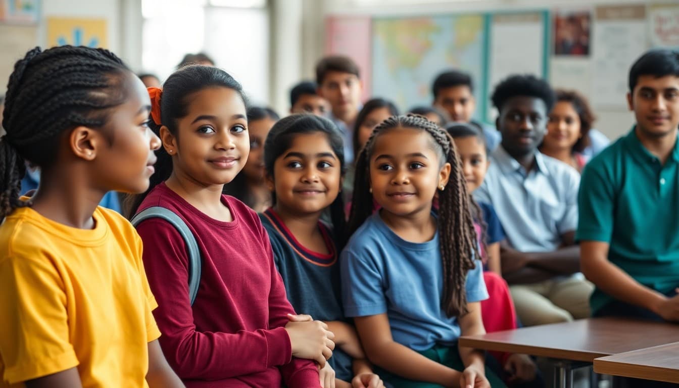 A diverse group of students and teachers gathered at a school community meeting