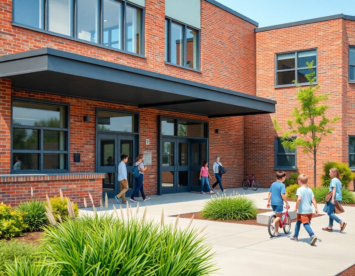 Rendering of a modernized school building exterior with new windows, accessible entrance, and updated landscaping