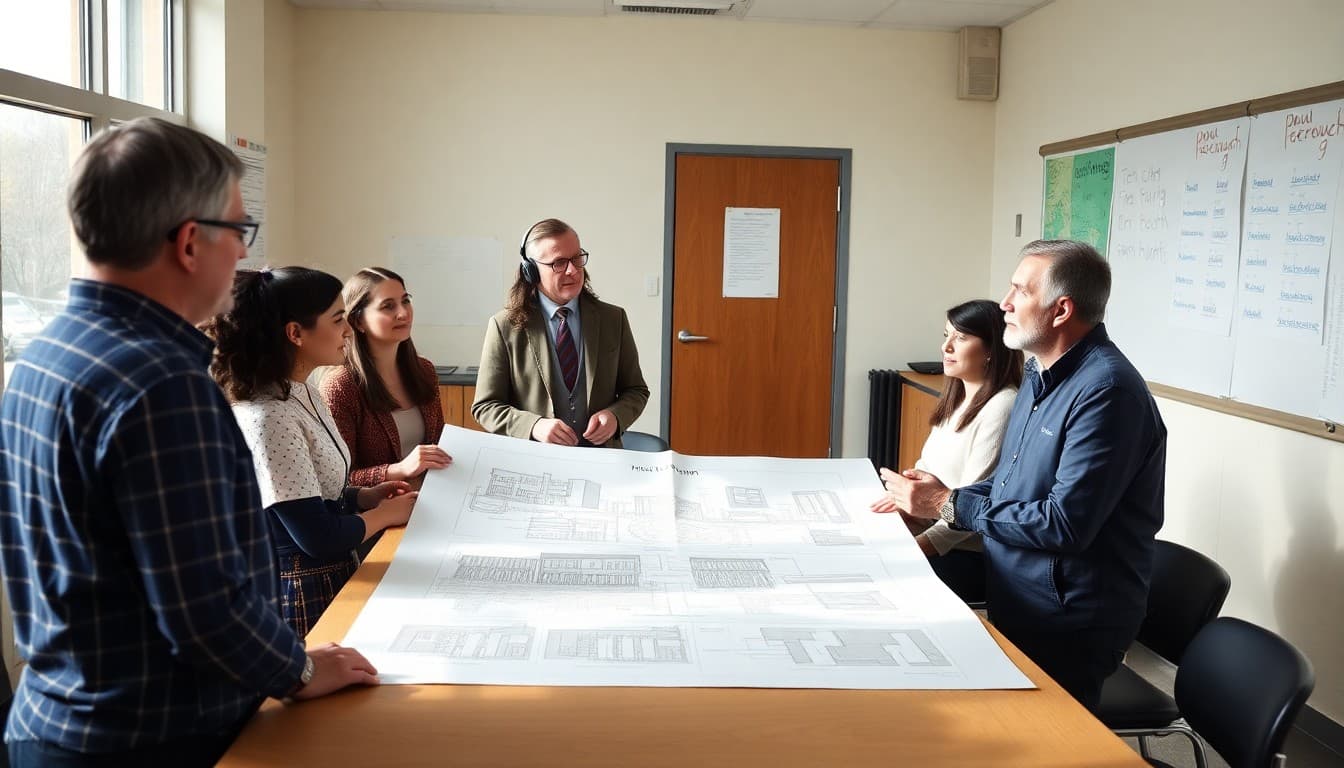 Architect presenting school facilities master plan drawings to a school board and community members