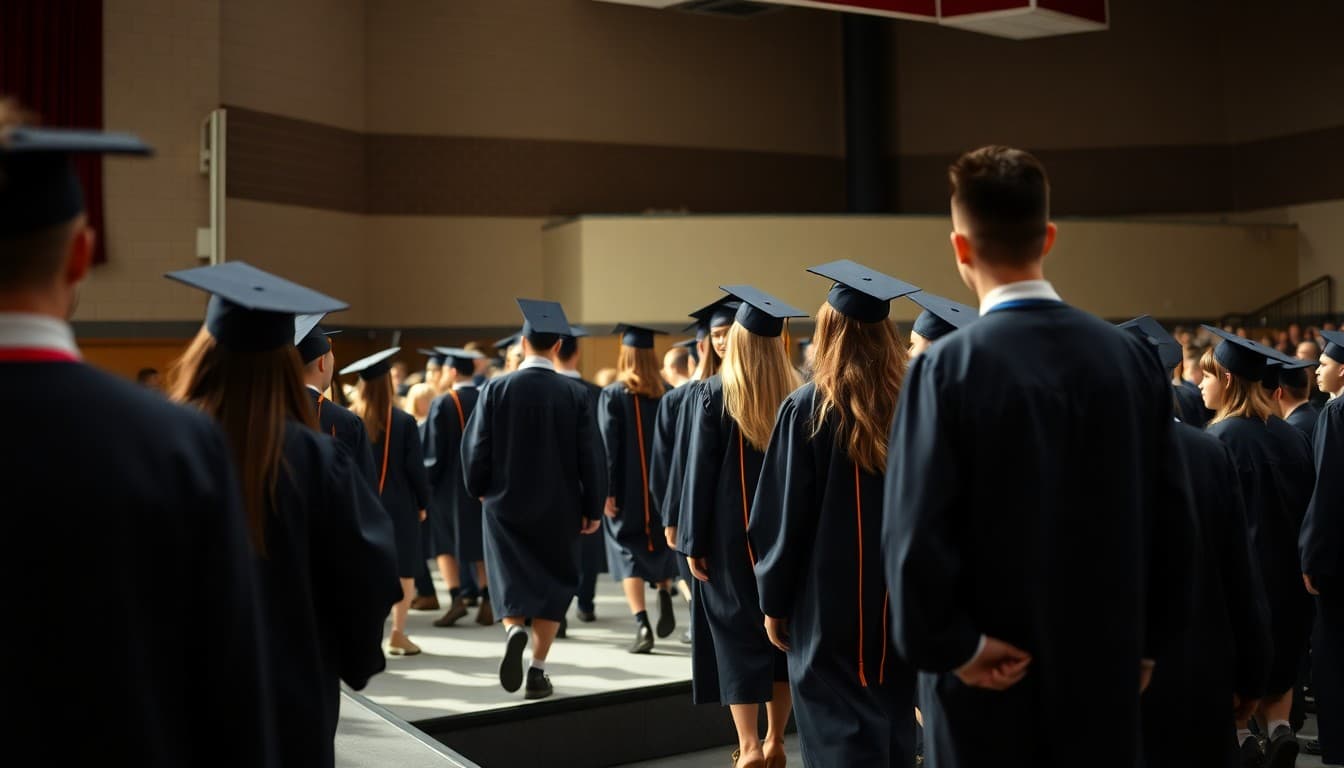 High school students in graduation caps and gowns walking across a stage at commencement ceremony