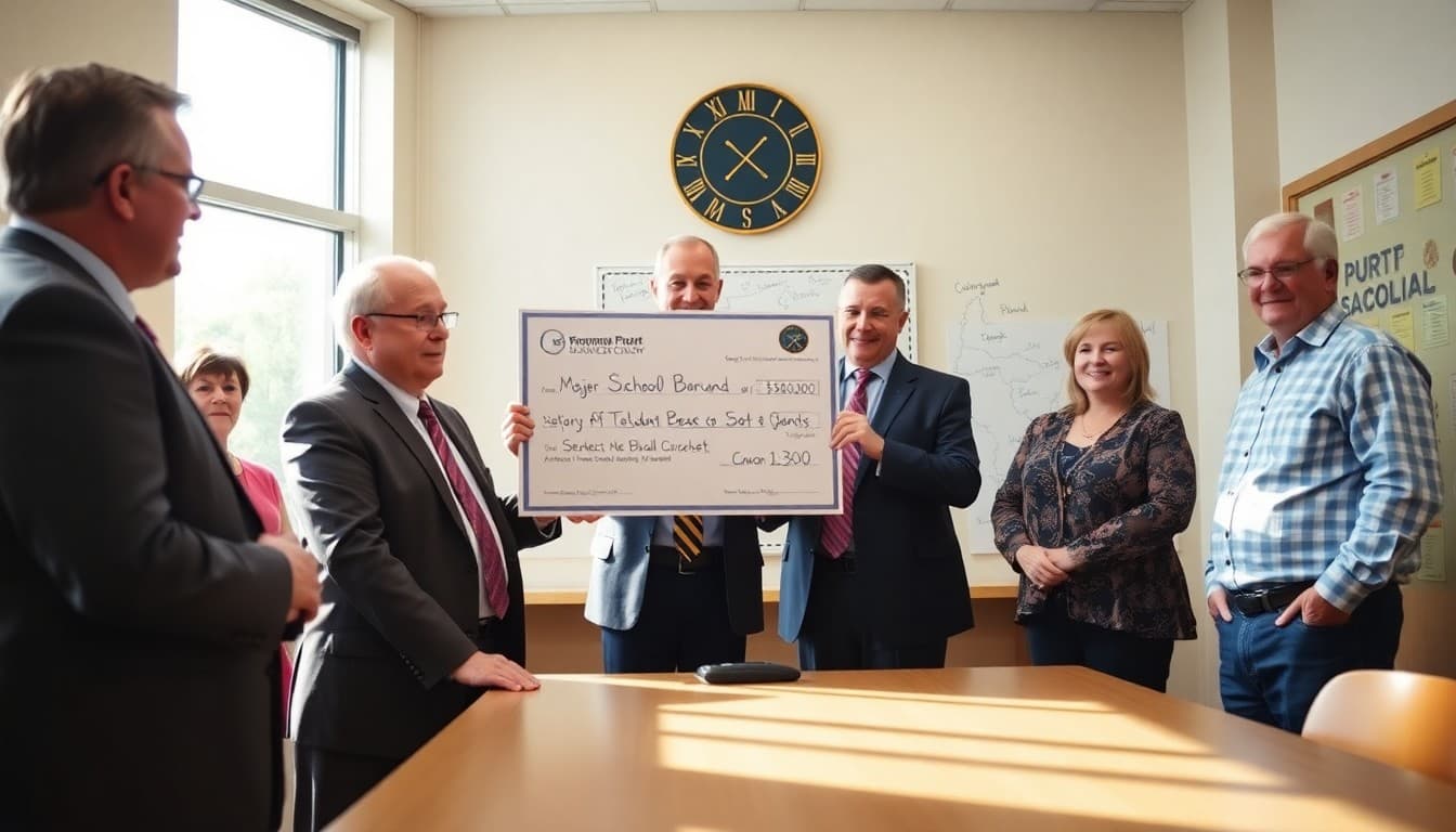 Superintendent and school board members celebrating a major federal grant award for student technology programs