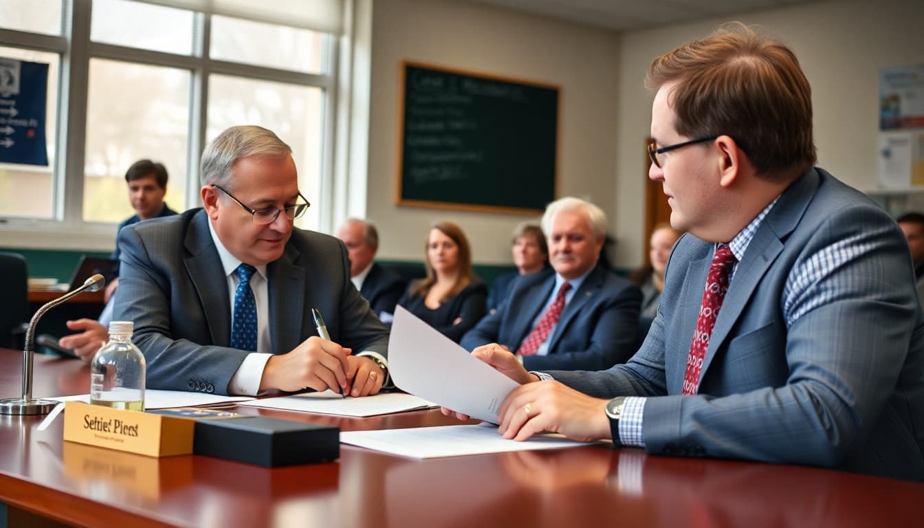 District superintendent and union president signing a new collective bargaining agreement at a board meeting