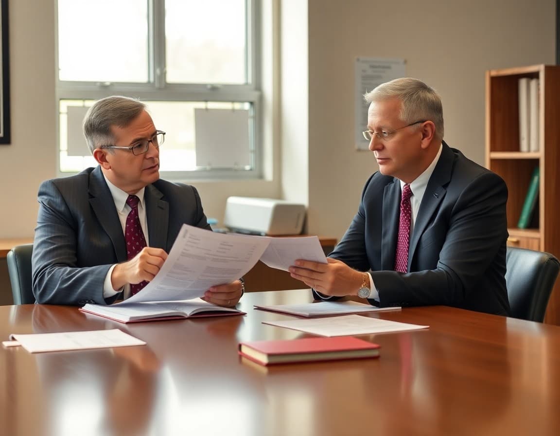 District superintendent and legal counsel reviewing new state education regulations at an office conference table