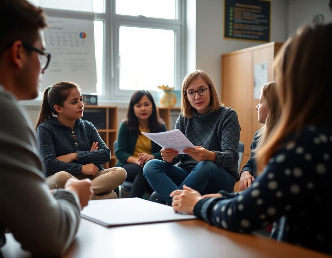School counselor reviewing inclusive policy guidelines with a student support team in a school meeting room