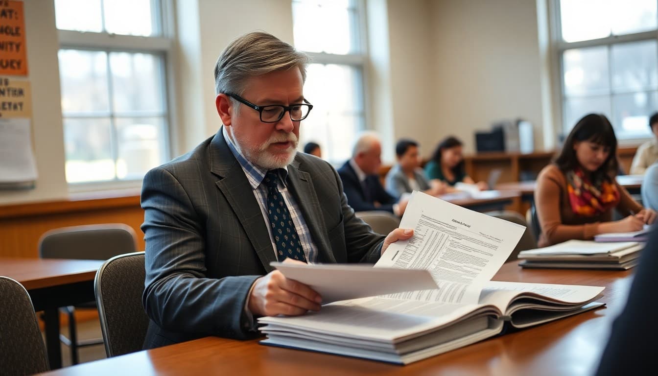 School board member reviewing district policy documents with legal counsel at a policy update session
