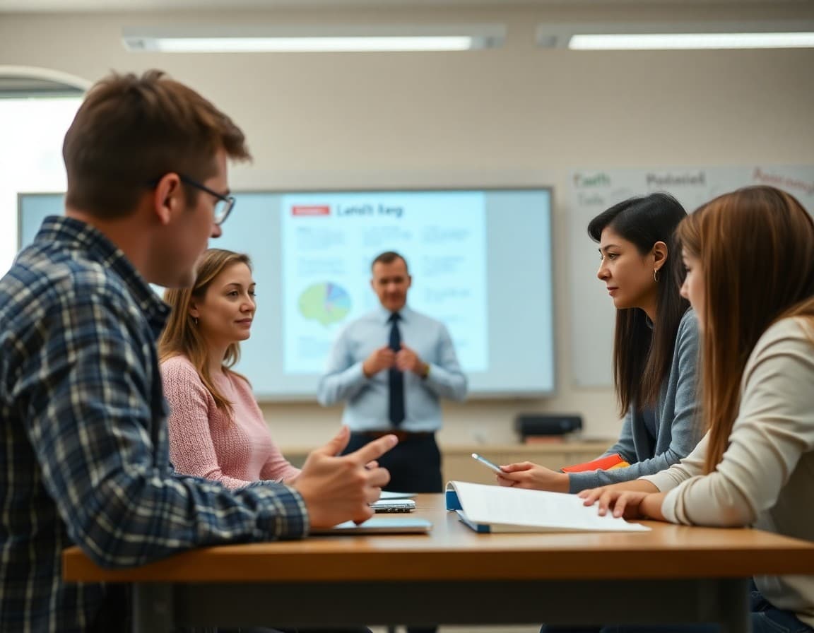 School technology coordinator reviewing AI policy guidelines with a group of teachers before school year starts