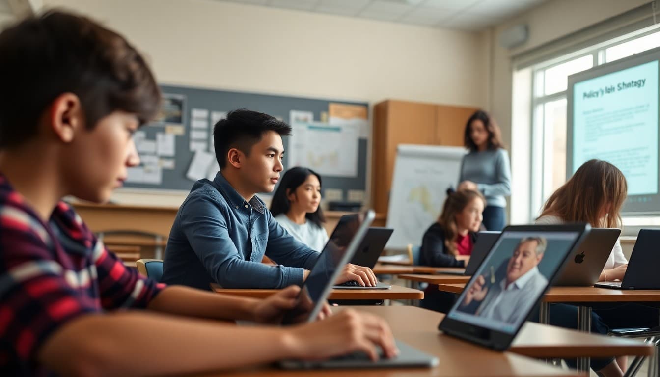 Students using laptops in a classroom with a teacher observing, with a policy document visible on the projector