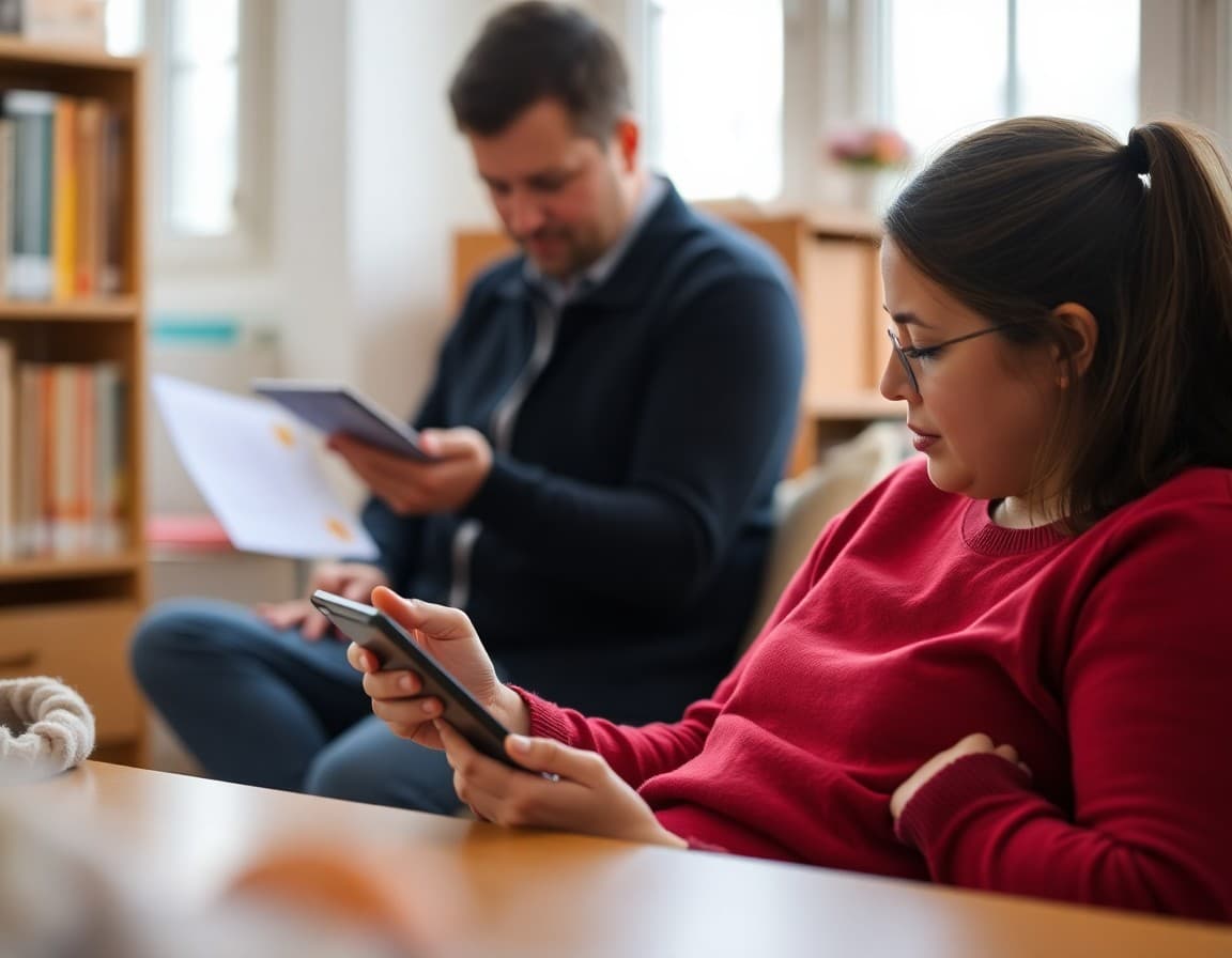 Parent reading a school board policy update newsletter on a tablet at home