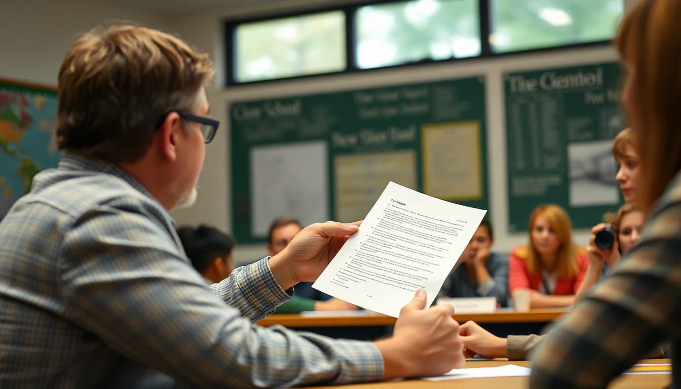 School board member presenting a new policy document to the community at a public meeting