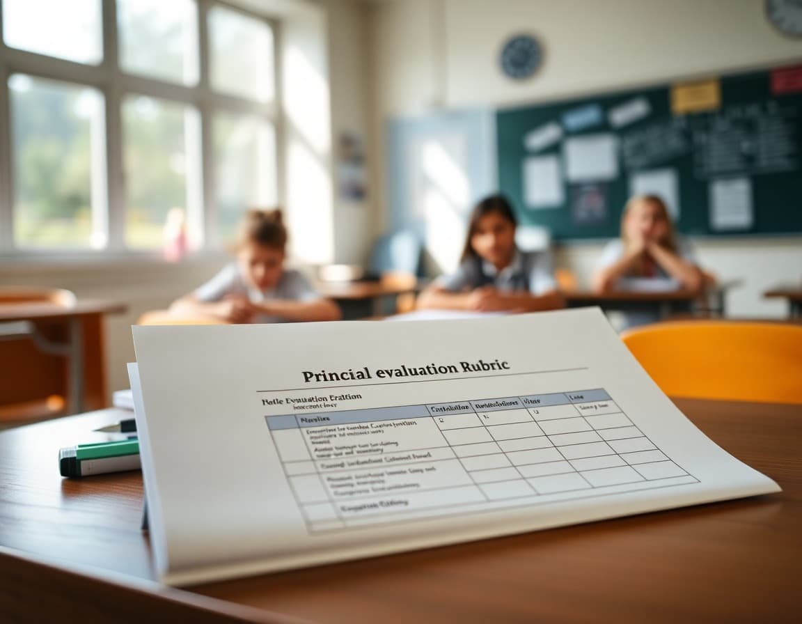 A principal evaluation rubric document on a desk with evaluation criteria