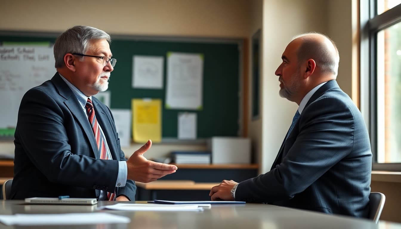 A superintendent meeting with a principal in a professional review session
