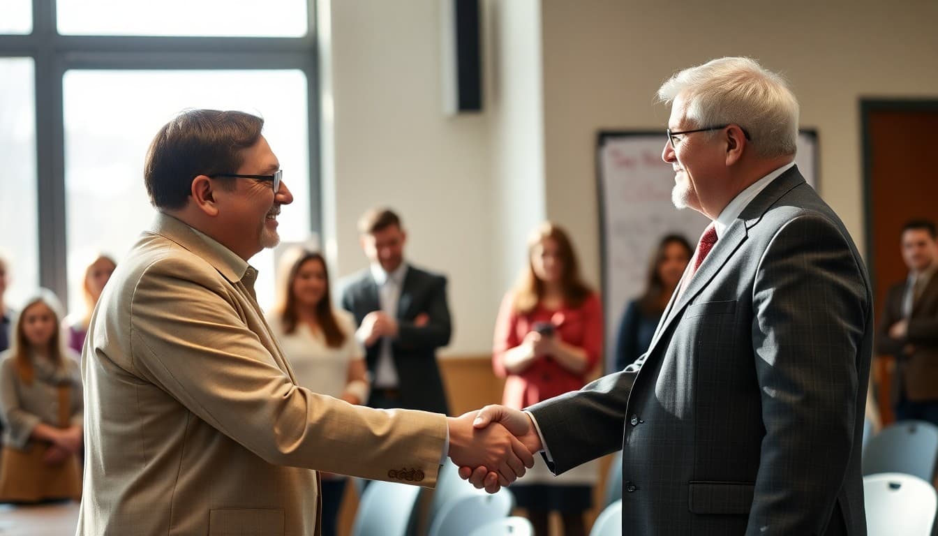 New school principal shaking hands with the superintendent and school board chair at a public announcement