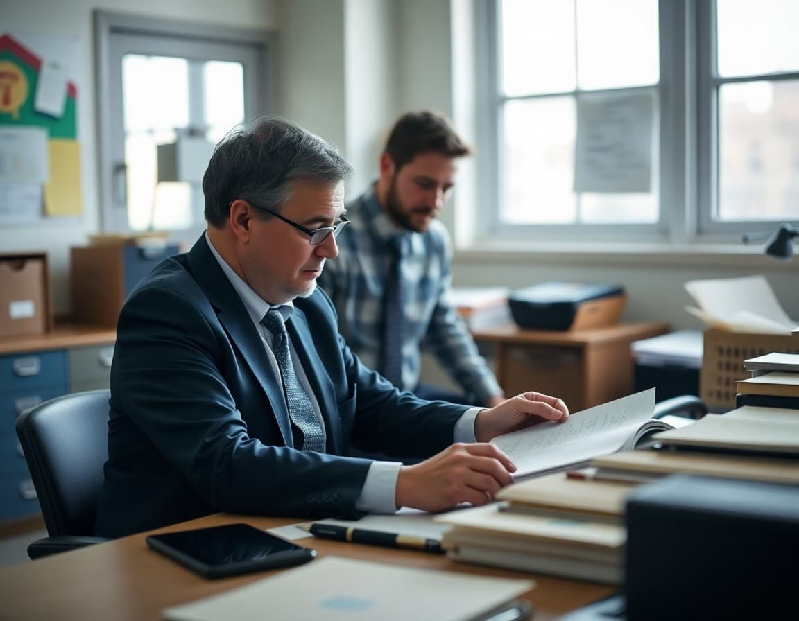 District records manager reviewing a public documents request at a desk with organized filing systems visible