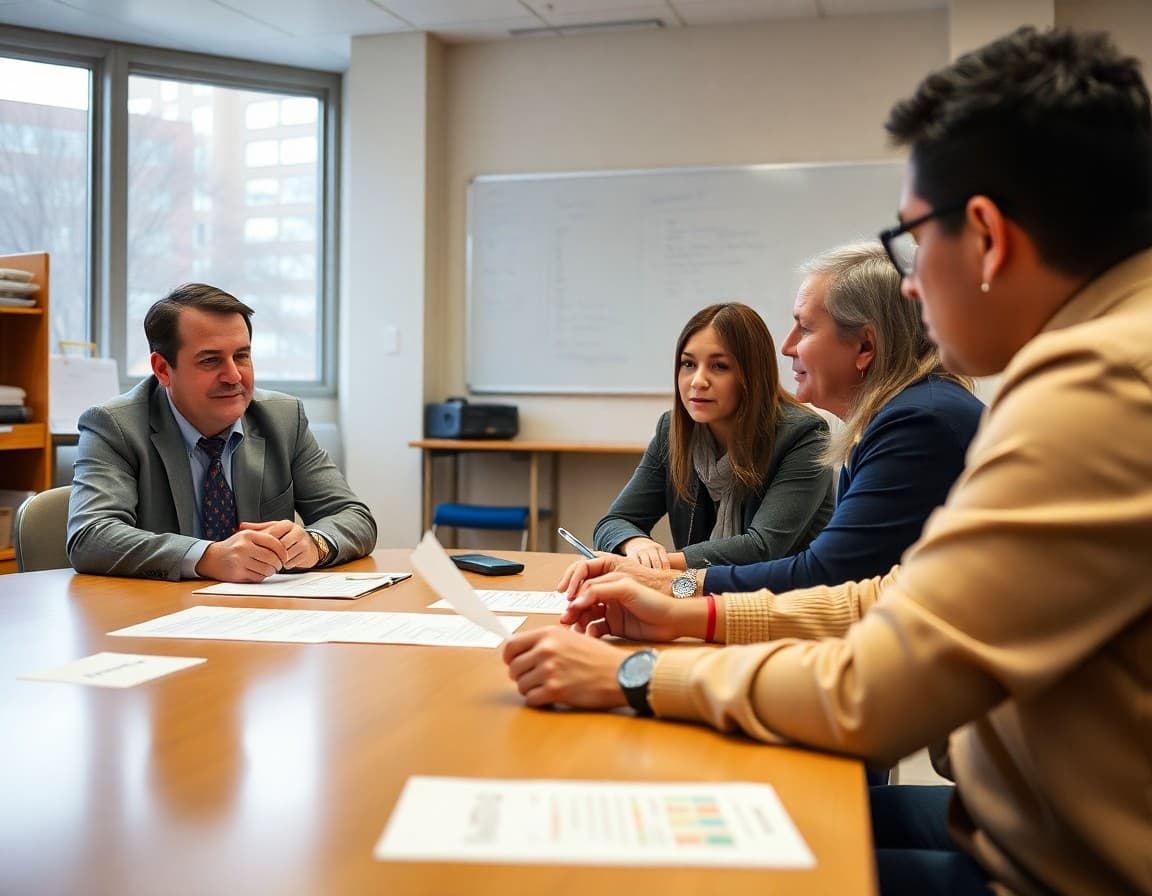 School administrator reviewing the safe return plan with district health officials at a conference table