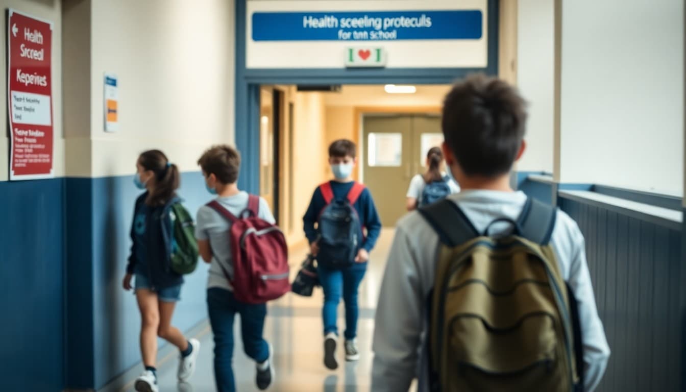 Students walking through school entrance with health screening protocols and safety signage visible