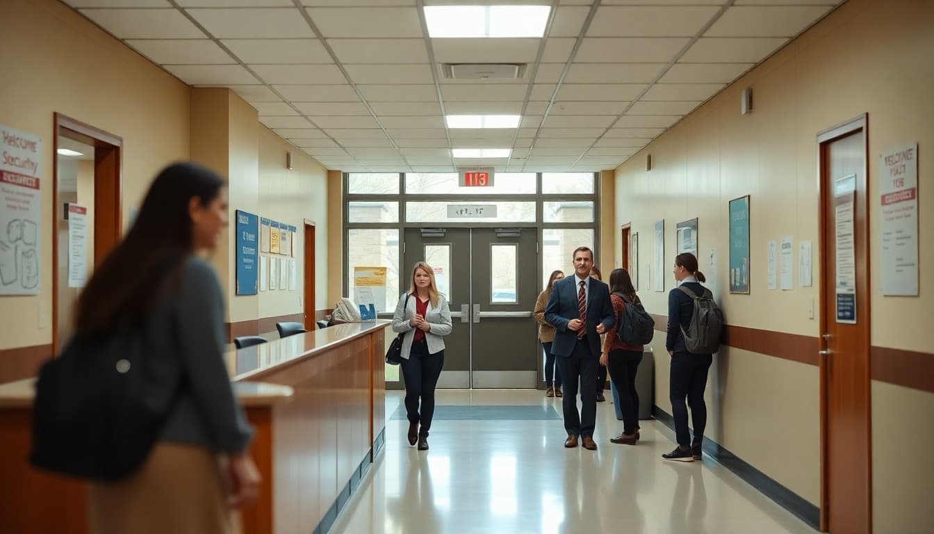 A school entrance with a security desk and welcoming front office staff