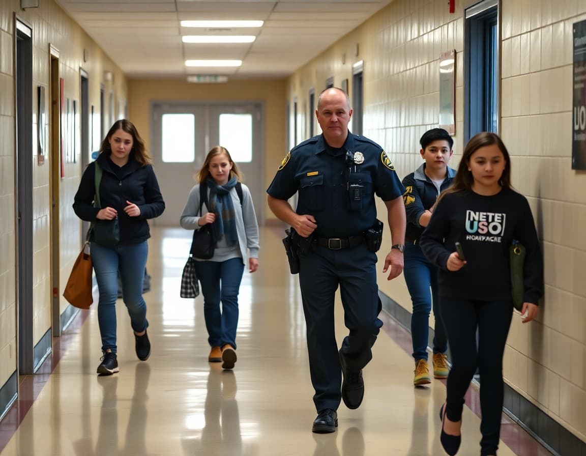 School resource officer walking with students through a school hallway during a safety assessment visit