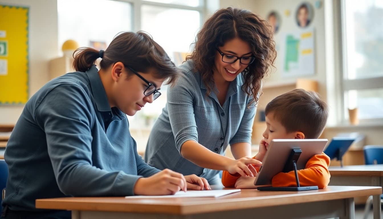 Special education teacher working with a student using assistive technology in an inclusive classroom setting