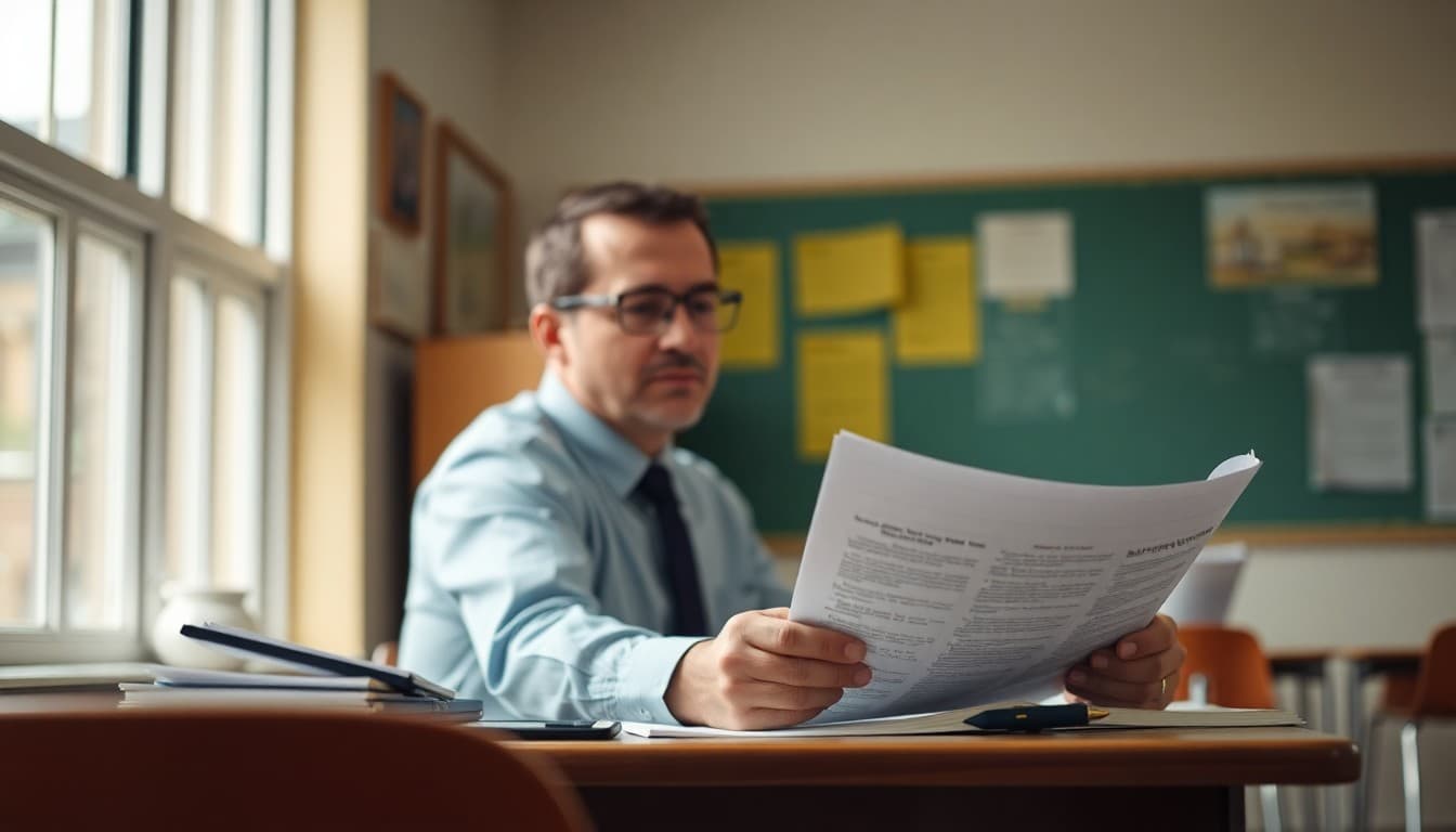 A school administrator reading new state education legislation at a desk