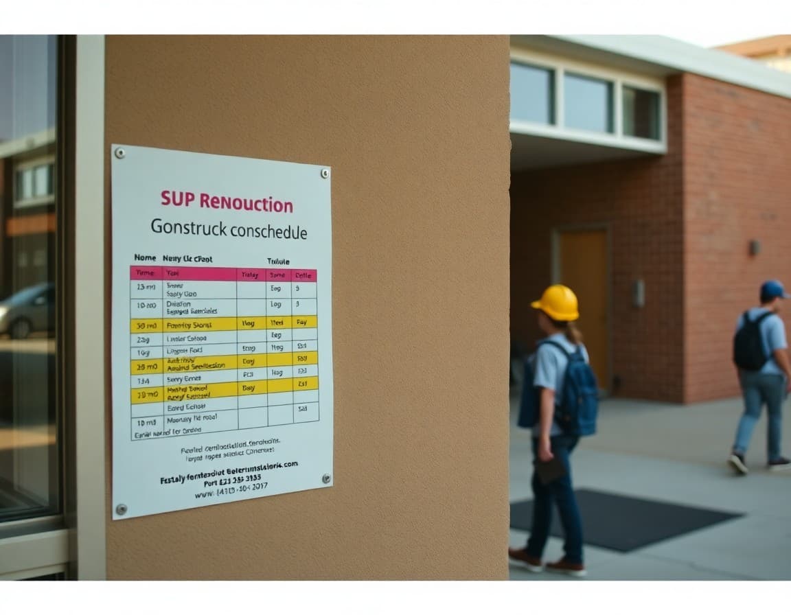 A summer construction schedule posted outside a school undergoing renovation