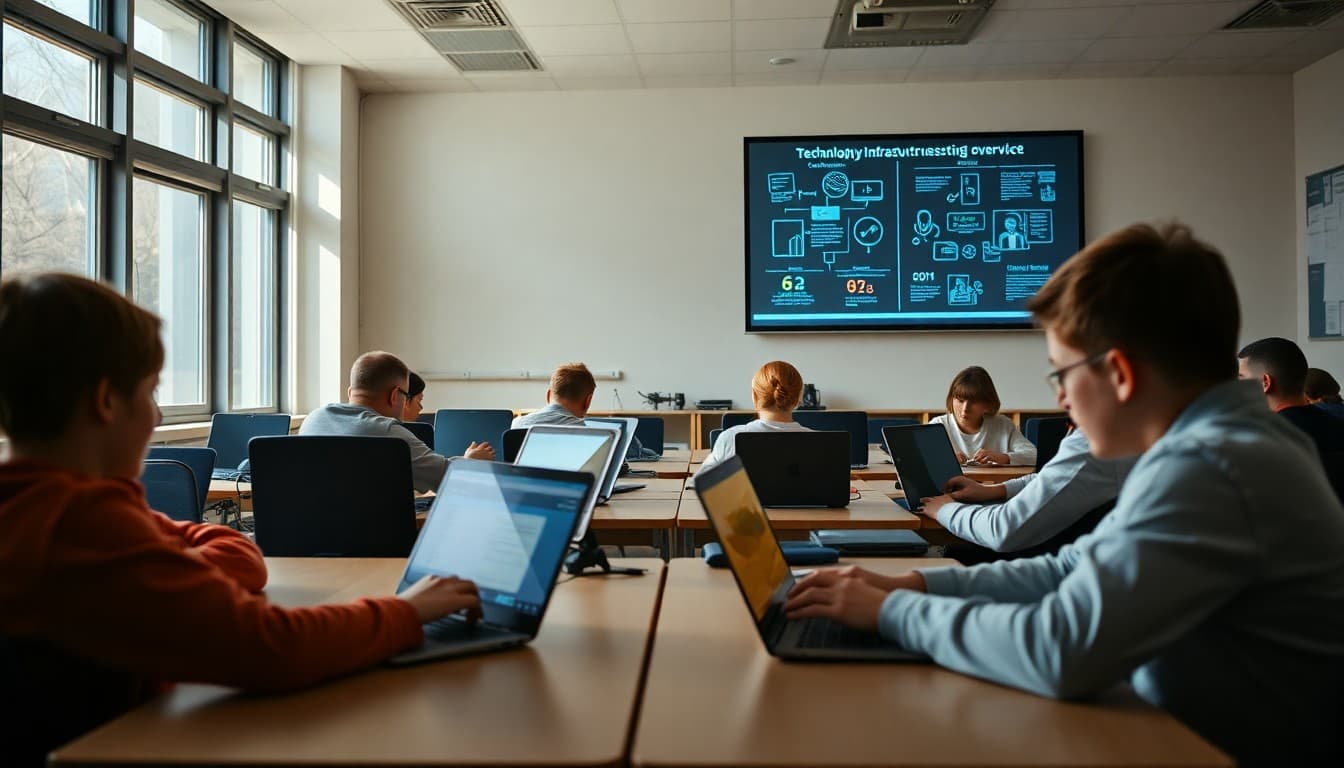 Students working on laptops in a modern school classroom with a technology infrastructure overview on the projector