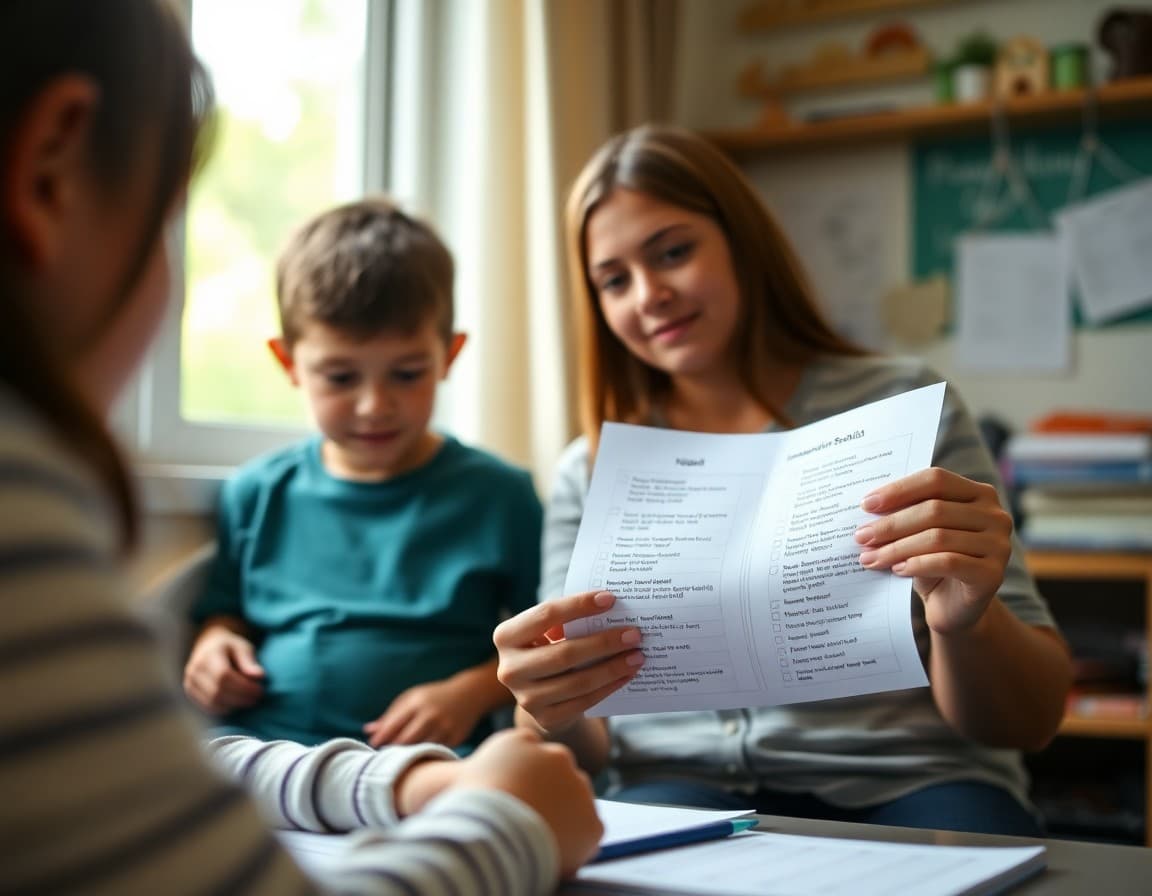 Parent reviewing school immunization requirement checklist at home before school enrollment