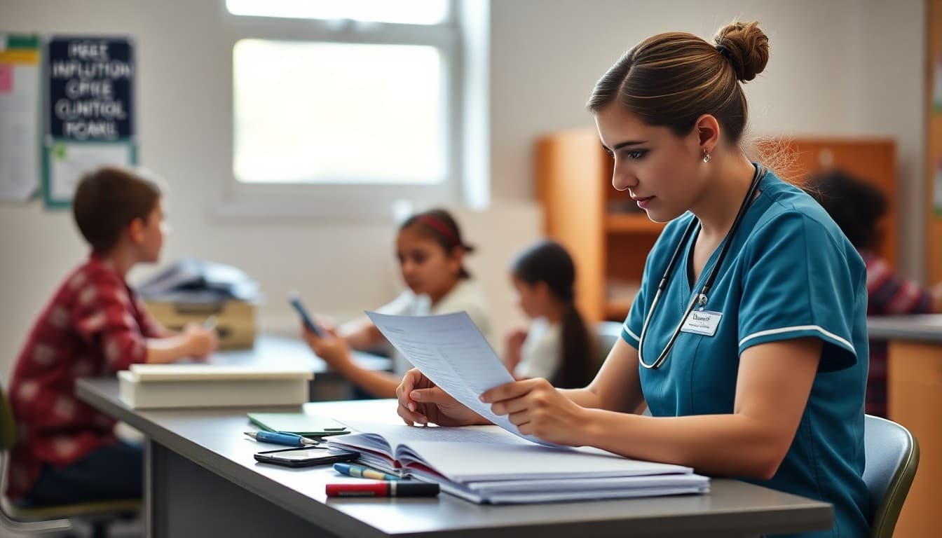 School nurse reviewing student immunization records at a school health office desk