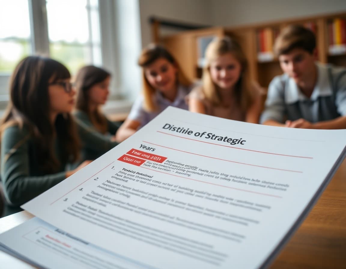 A printed district strategic plan with year-one goals highlighted